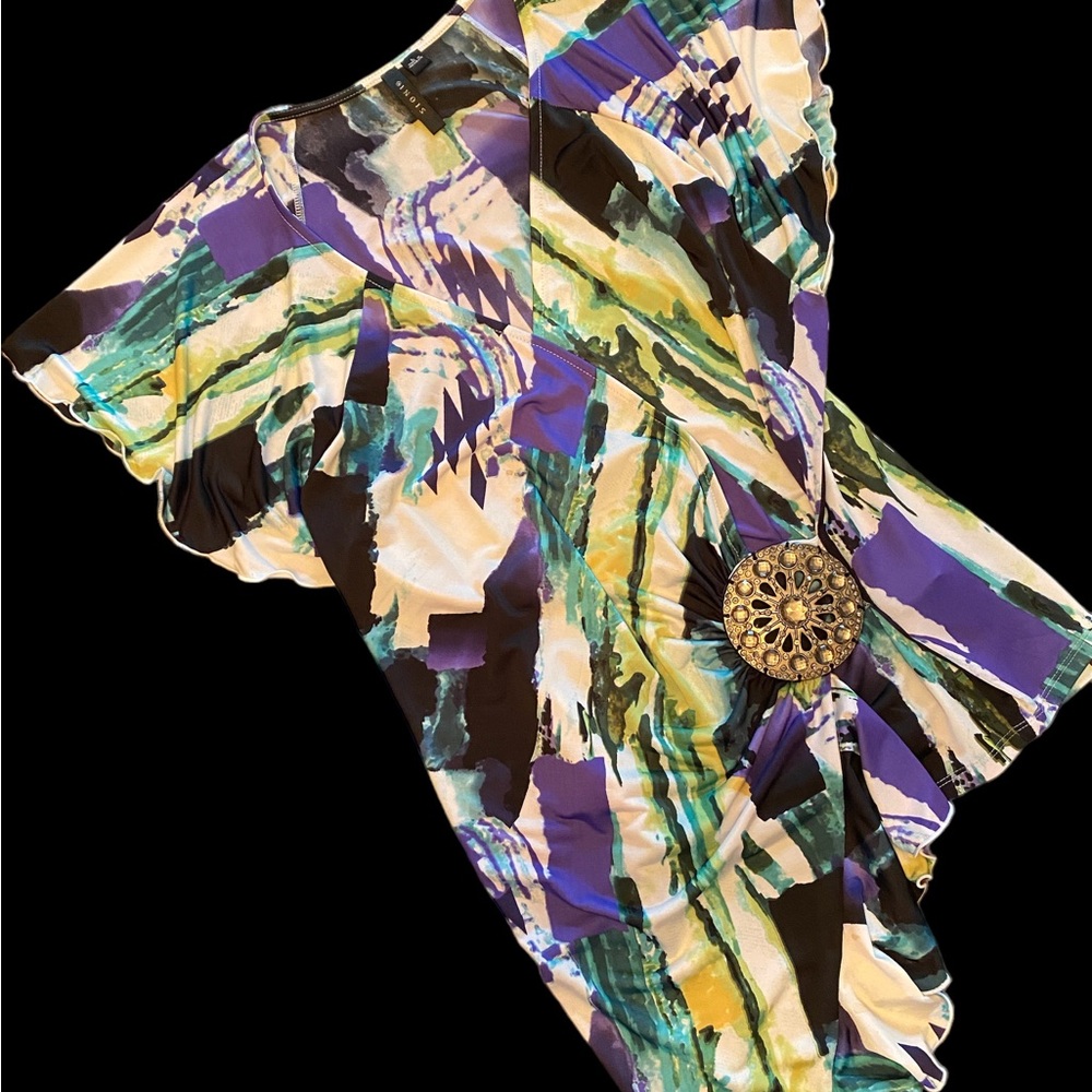 Sioni Abstract Faux Wrap Top Large Purple Blue Green Brooch Flutter Sleeve
